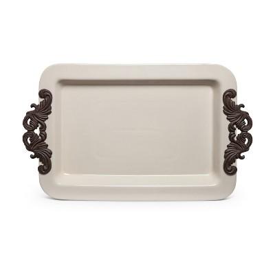 GG Collection 23.75-Inch Long Cream Ceramic Tray with Acanthus Leaf Styled Metal Handles