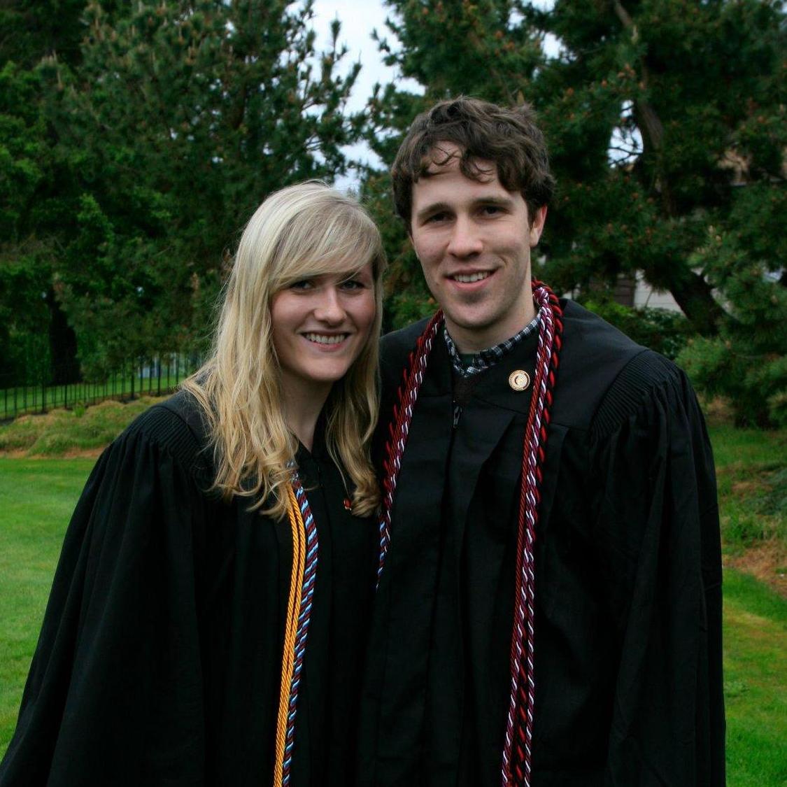 At our graduation from University of Puget Sound in 2011. It was pouring down rain, but Katelyn's hair withstood the weather - the same could not be said for John's.