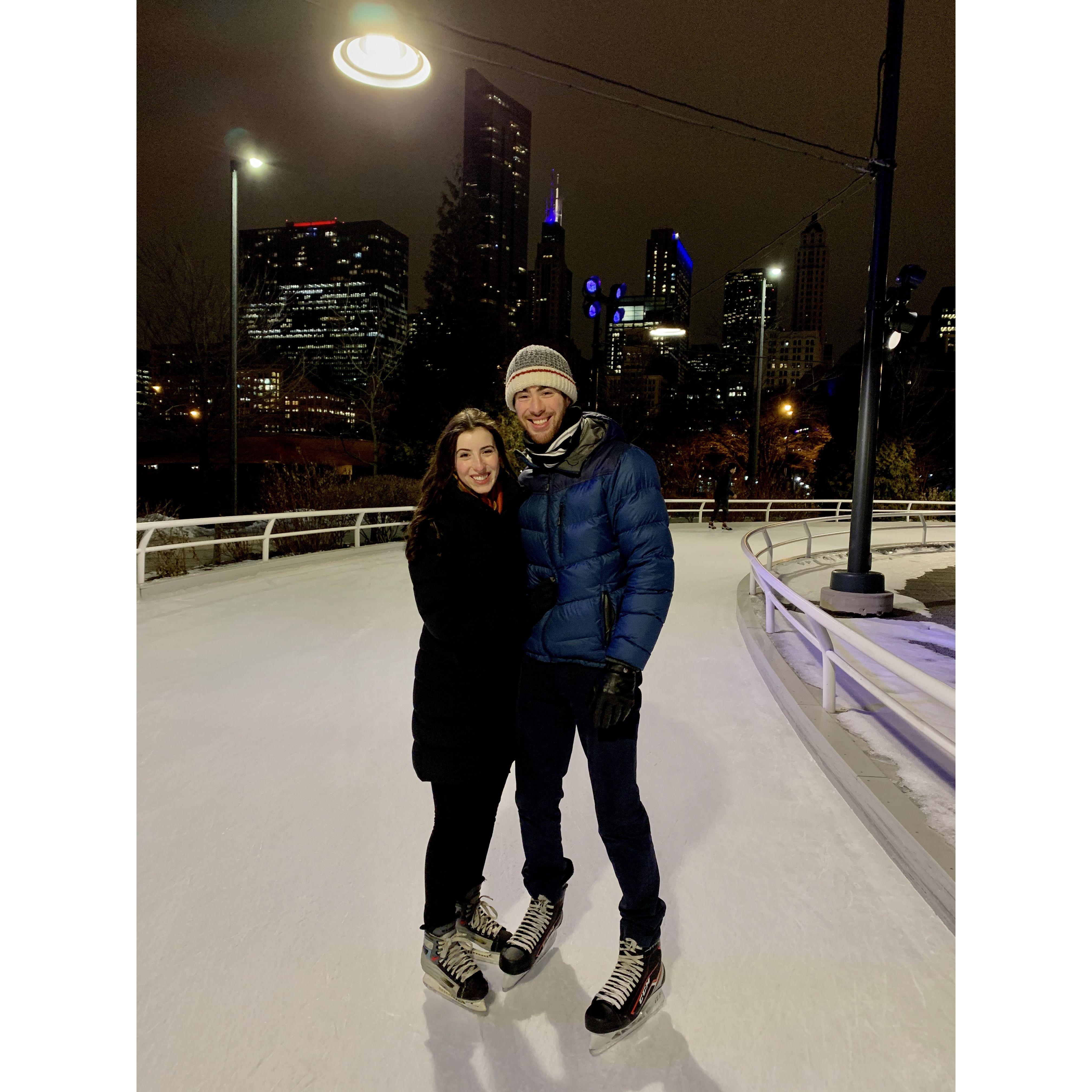 Ice skating in Chicago on an early date.