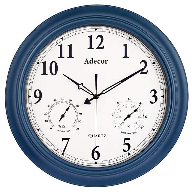 Outdoor Clocks with Thermometer and Hygrometer Combo, Waterproof Metal Wall Clock, Large Display Silent Non Ticking Battery Operated Clock for Garden/Patio/Pool/Lanai/Fence (18 Inch, Navy Blue)