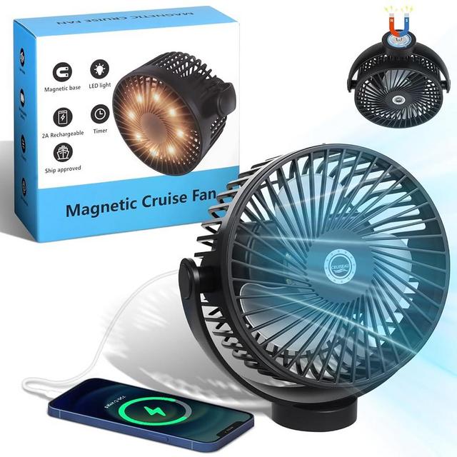 Magnetic Cruise Fan with 8000mAh Rechargeable Battery, LED Light, Timer&Power Output, Magnetically Sticks on Cabin Ceilings and Walls, Ship Approved Cabin Air Circulator