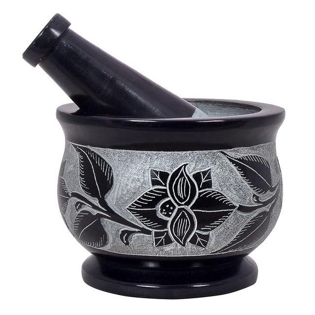 Divit Shilp Mortar and Pestle, Made of Heavy Duty Polished Hard Stone, Natural Stone Grinder for Spices, Pastes, Herbs, Seasoning etc. (Floral)