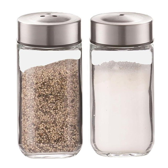 J&M Design Salt And Pepper Shakers Set Glass Bottle Stainless Steel Lid For Kitchen Tabletop Spice Seasoning Or Travel Set Of 2 Refillable Jar Dispenser Container Shaker