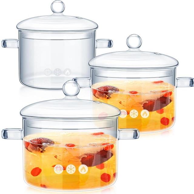 Hsei 3 Pcs Glass Simmer Pot Heat Resistant Clear 1.3 1.5 1.9 L Glass Saucepan with Cover Handle Glass Pots for Cooking Glass Cookware Glass Stovetop Pot and Pan with Lid for Pasta Noodle (Classic)
