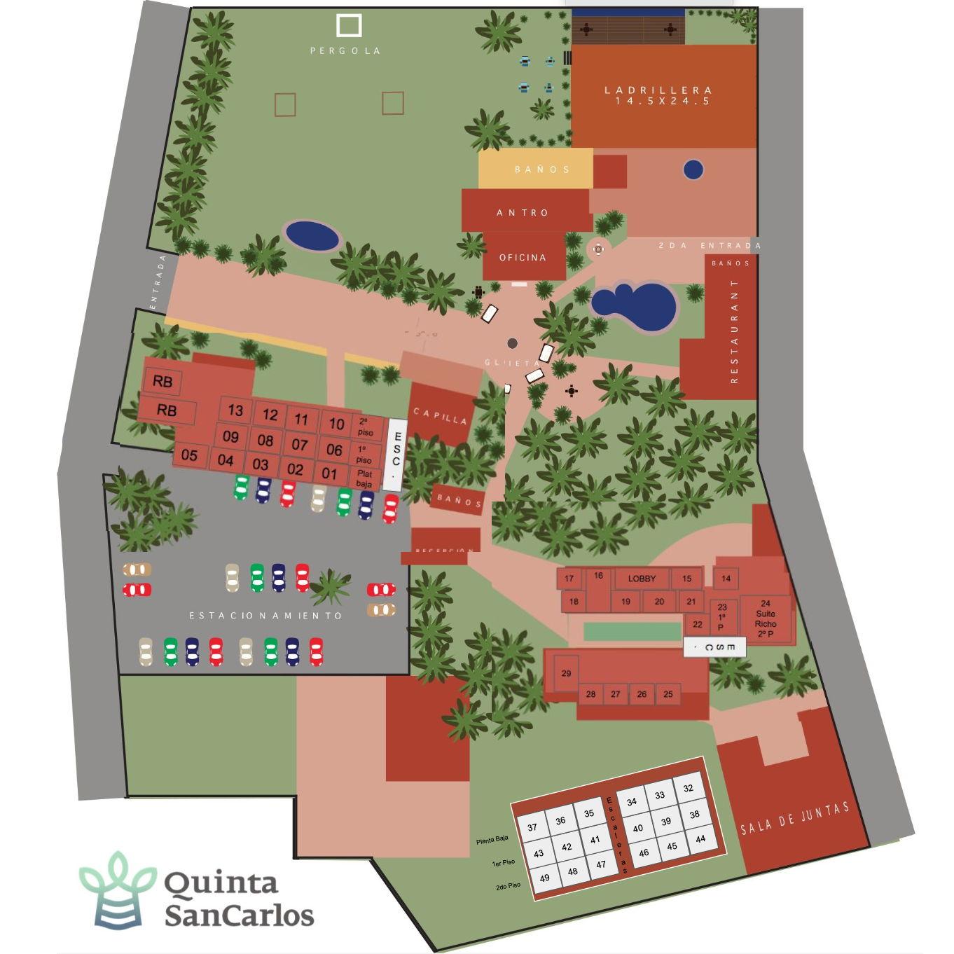 Quinta San Carlos Room and Hotel Map, room descriptions in the following photos...