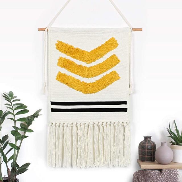 Alynsehom Macrame Woven Wall Hanging Tapestry Yellow Tufted Geometric Wall Art with Tassels Aztec Boho Chic Home Decor Bohemian Apartment Dorm Room Backdrop Decoration