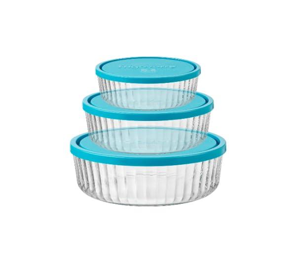 Bormioli Rocco Frigoverre Brilliante 3 Piece Set, Ribbed Round Glass Containers with Silicone Covers - Scratch-Resistant Nesting Bowls for Storage or Prep - 13.25oz, 27.75oz & 51.75oz