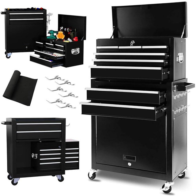 Dawmilon 8-Drawer Rolling Tool Chest, 2-in-1 Tool Box Organizer with Lockable Wheels, Sliding Drawers, and Detachable Top, Garage Workshop Tool Storage Cabinet, Black