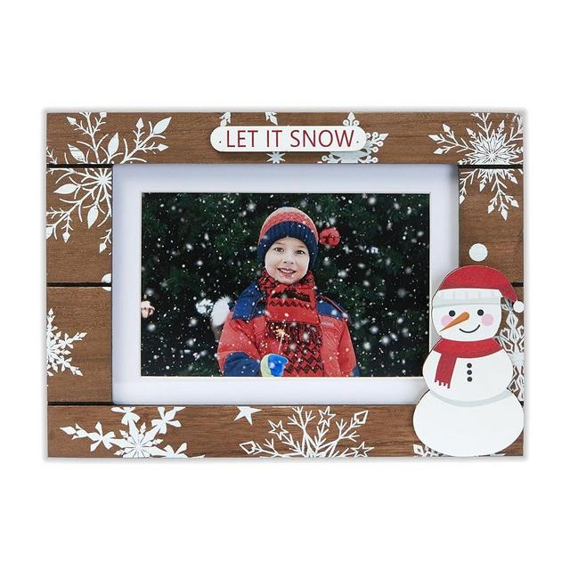 NWDCLF Let It Snow Winter Picture Frame 5x7, Brown Wood Christmas Photo Frame with Snowman Snowflakes holds 4x6 Pictures with Mat, Tabletop or Wall Horizontal Display