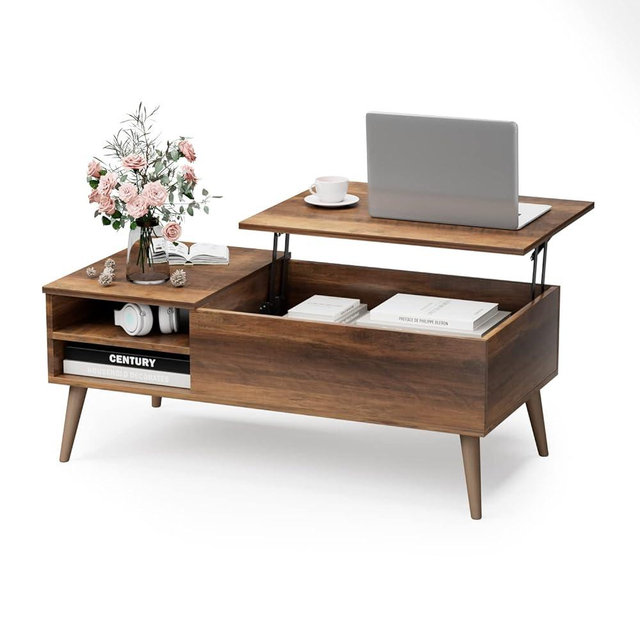 Furmax Lift Top Coffee Table with Adjustable Storage Shelf, Hidden Compartment and Metal Frame, Wood Mid Century Modern / Retro Small Center Table for Living Room (Rustic Oak)