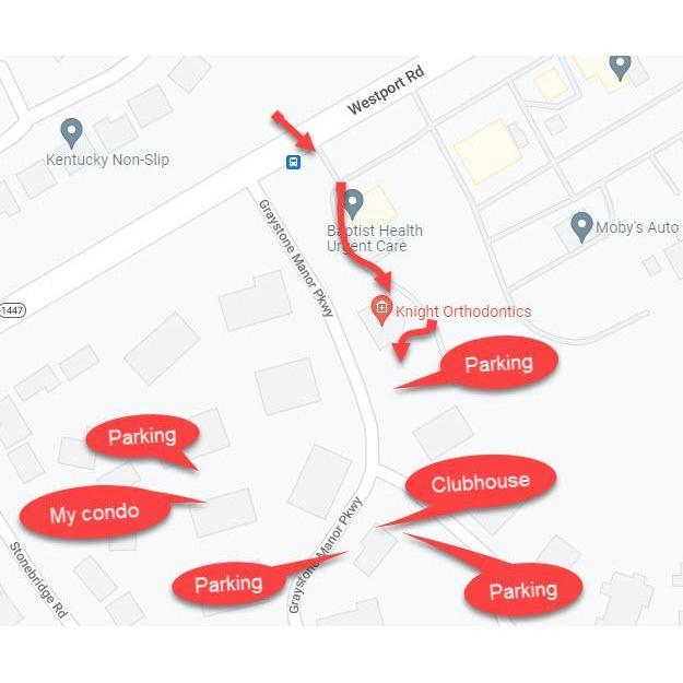 Parking locations near Graystone Manor Clubhouse and my condo. Knight Orthodontics is best.
