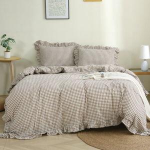 Taupe/White Plaid Ruffle Duvet Cover Queen Size,100% Washed Cotton 3 Pcs Vintage Checkered Chic Gingham Bedding Set Comforter Cover Set