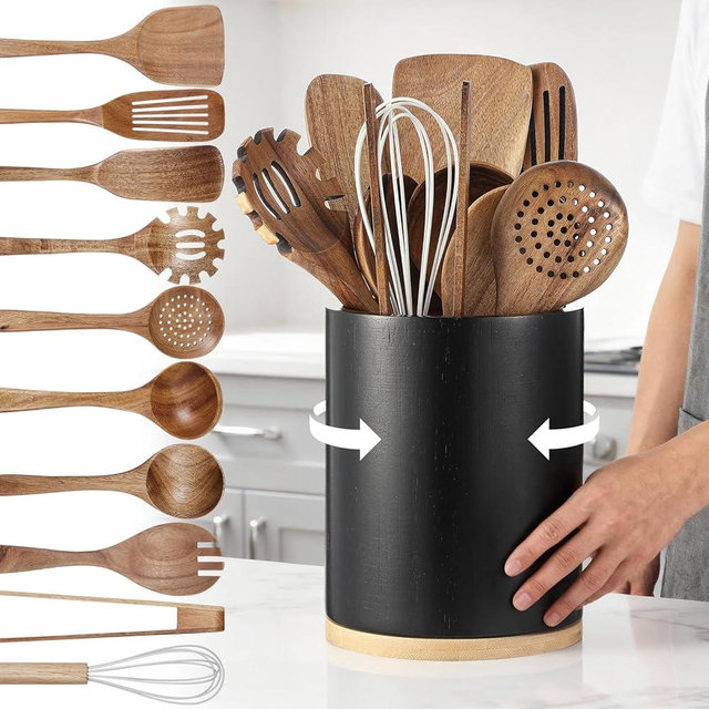 SiliFine 11 Pcs Wooden Kitchen Utensils Set with 360° Rotating Holder 7.3" x 5.9" Acacia Wood Cooking Utensils with Holder Cooking Spoons Spatulas for Nonstick Cookware Countertop Kitchen(Black)