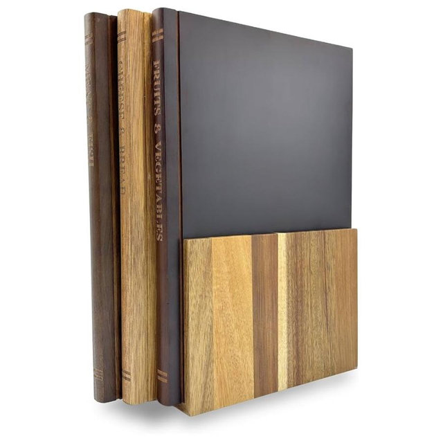 The Cutting Board Library | 100% Acacia Wood | Set of 3 Decorative and Functional Cutting Boards with Wooden Stand | Fruits, Vegetables, Meat, Fish, Cheese and Bread | Statement Piece for Countertop