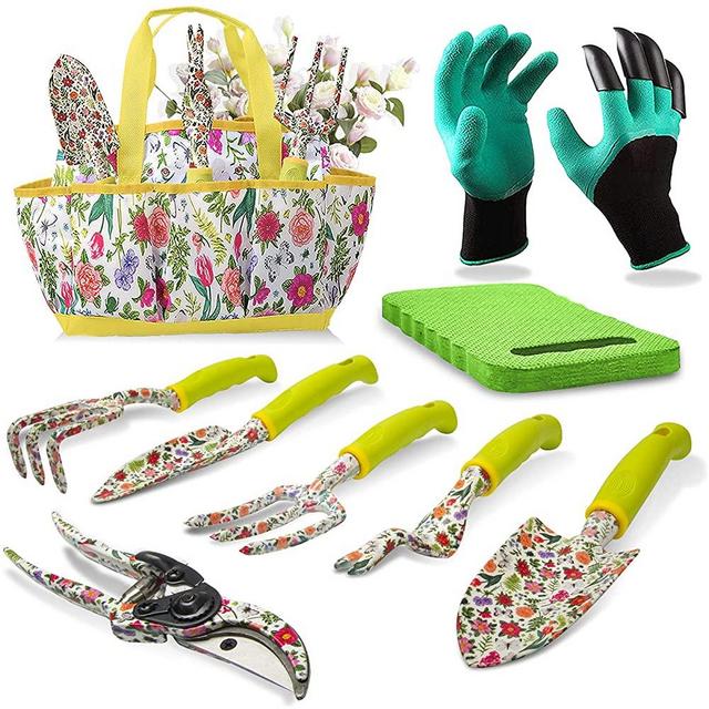 Garden Tool Set 9 Piece Heavy Duty Aluminum Gardening Hand Tools Kit Cute Gardening Supplies with Non-Slip Rubber Grip Gift for Women/Parent
