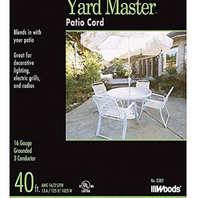 Yard Master 992382 White Patio 40-Foot, 3-Pronged, 16 Gauge Extension Cord, 13 AMPS, 125 Volts, 1625 Watts, Ideal for Use with Outdoor Appliances, Decorative Lights and Holiday Displays