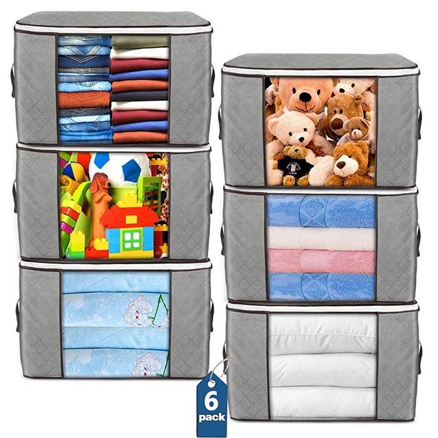 Large Storage Bags, 6 Pack Clothes Storage Bins Foldable Closet Organizers Storage Containers with Durable Handles Thick Fabric for Blanket Comforter Clothing Bedding 90L (Gray)