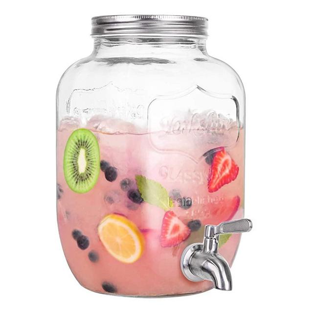 Bekith 1 Gallon Glass Beverage Dispenser with 18/8 Stainless Steel Spigot, Mason Jar Glass Drink Dispenser with Wide Mouth Metal Lid for Outdoor, Parties and Daily Use, Clear