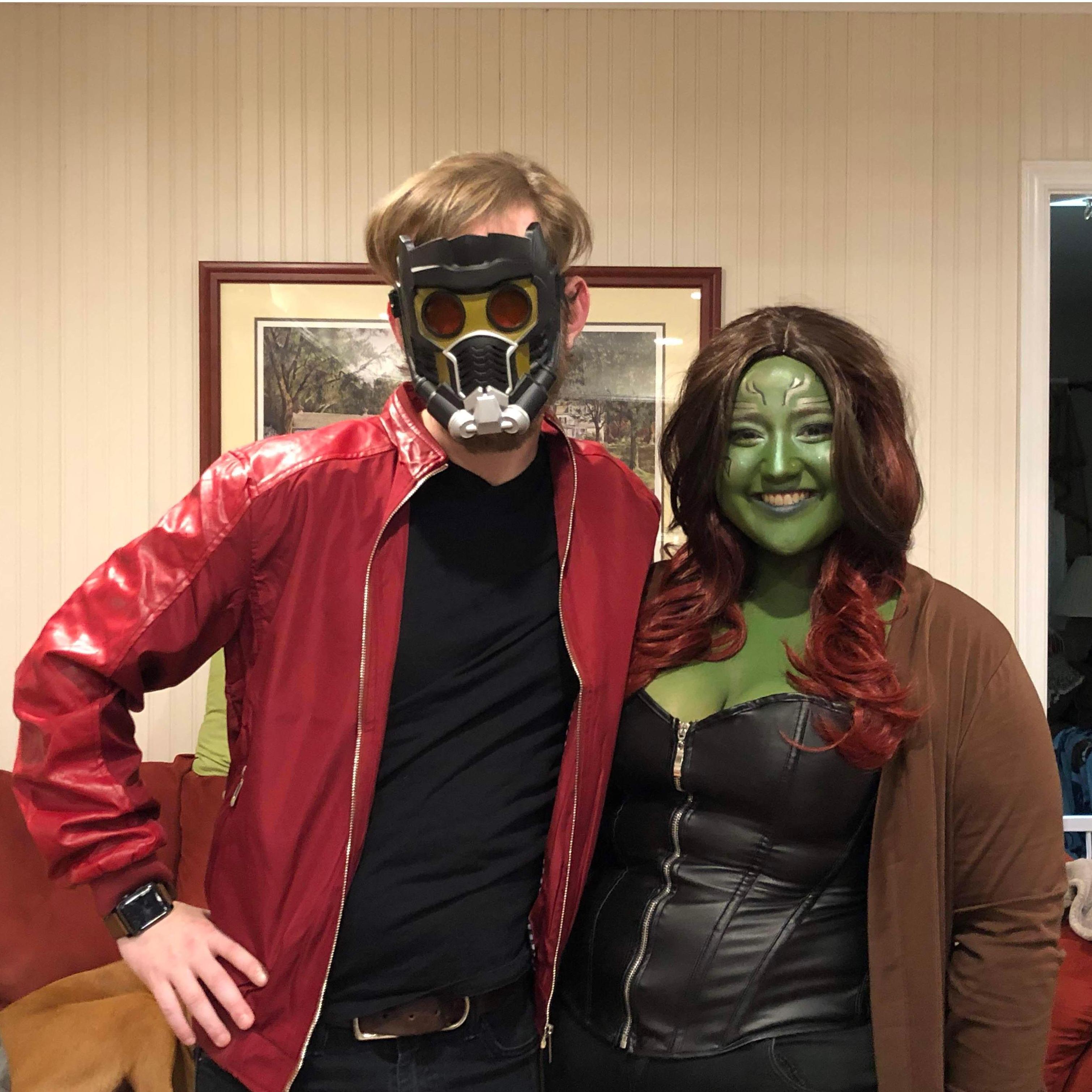 Showing off our Marvel fandom at Halloween as Star Lord and Gamora from "Guardians of the Galaxy"