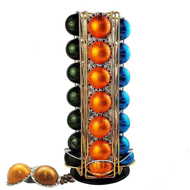 Meelio Vertuo Pod Holder Carousel Stand for 35 Nespresso Vertuo Capsule Storage Organizer with Extra Space for Coffee Mate Silent Rolling，Gold