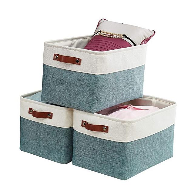 DECOMOMO Foldable Storage Bin | Collapsible Sturdy Cationic Fabric Storage Basket Cube W/Handles for Organizing Shelf Nursery Home Closet (Green and White, Large - 15 x 11 x 9.5" - 3 Pack)
