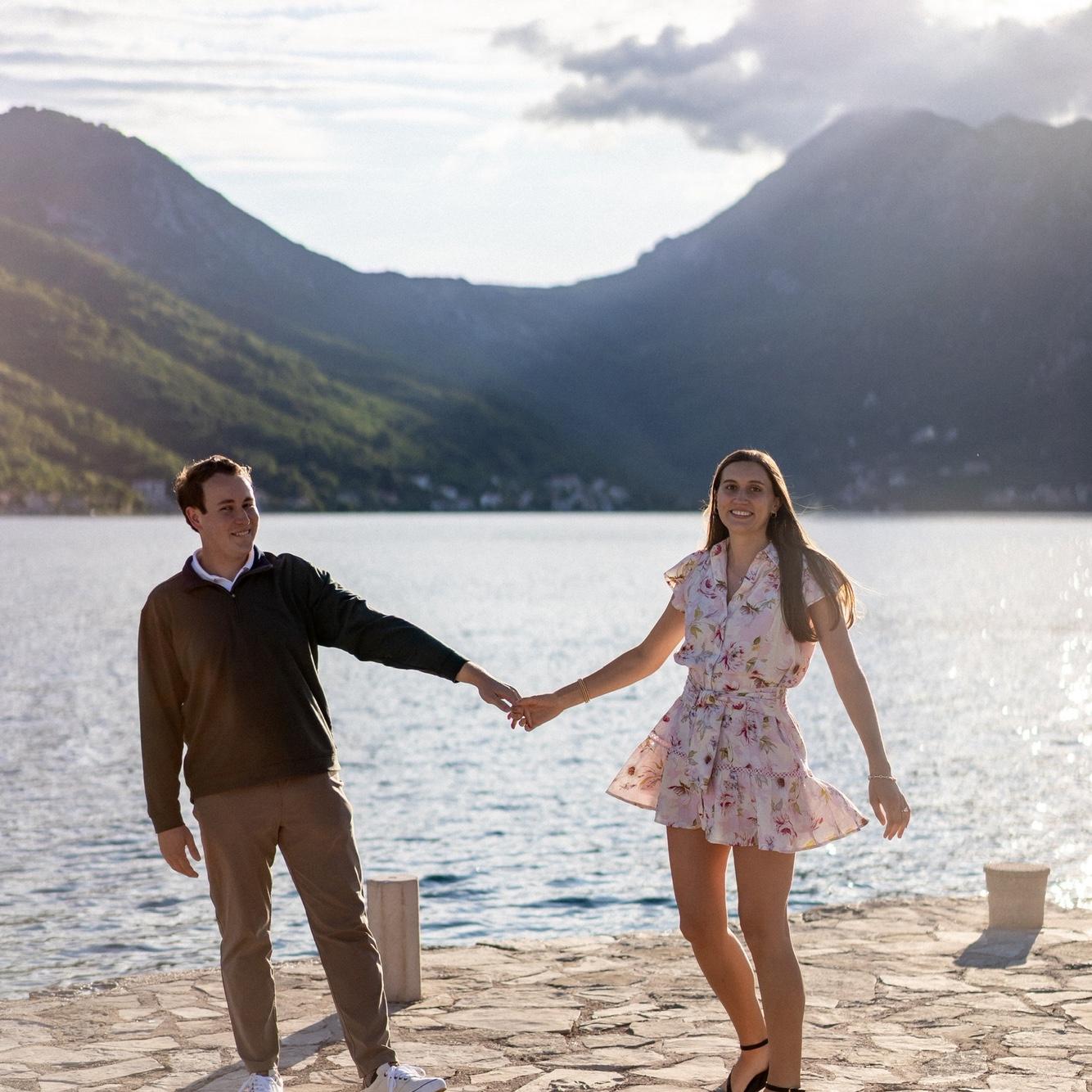That time Brent managed a total surprise engagement in Montenegro because he plans all of the travel logistics so Rachel thought nothing of dressing up to take a boat to an island during golden hour.