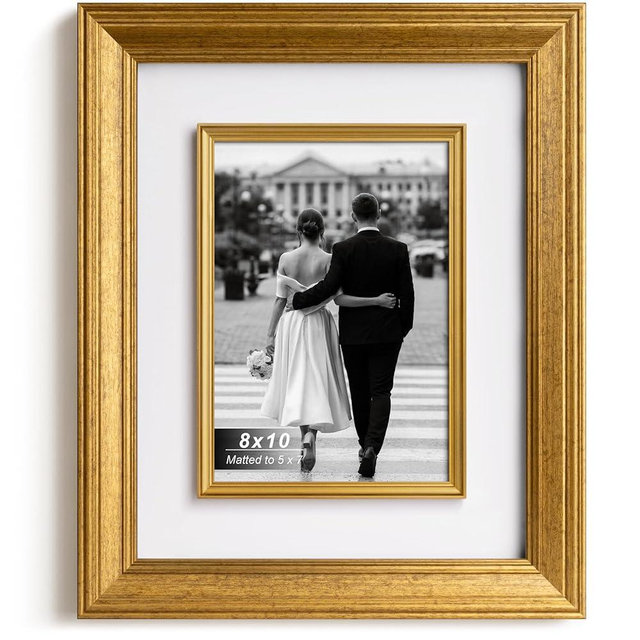 Yaetm 8x10 Gold Picture Frame with Decorative Inner Frame & Tempered Glass, Display 5x7 Photos with Mat - Portrait or Landscape - Tabletop & Wall Mount for Office & Home Décor (Vintage Gold, Single)