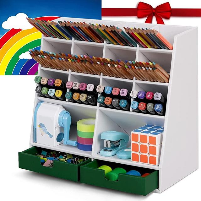 Pen Pencil Organizer for Desk Cute, Desktop Organizer with 14 Compartments & 2 Drawers, 800+ Pencils Capacity, Full FSC Certified Cardboard Body, DIY Project, White