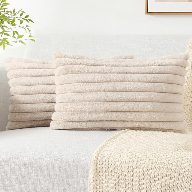 Pallene Faux Fur Plush Lumbar Throw Pillow Covers 12x20 Set of 2 - Luxury Soft Fluffy Striped Decorative Pillow Covers for Sofa, Couch, Living Room - Apricot