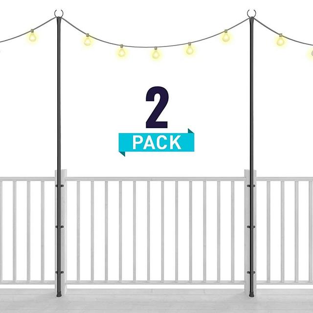 Holiday Styling: String Light Poles for Deck Fence or Patio - Hang Backyard LED or Solar Outdoor Lights w Pole + Bracket Kit Secured to Your Railing (2 x 110 inches) - Great Plant Hanger