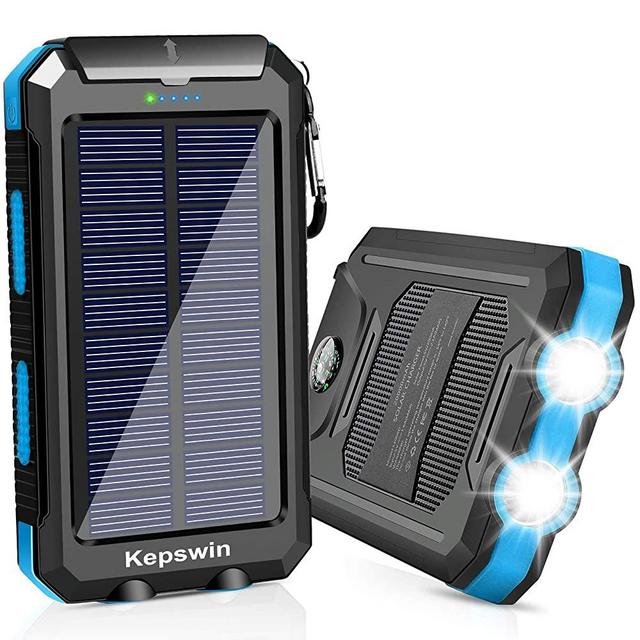 Solar Charger 20000mAh, Portable Solar Power Bank Waterproof Solar Phone Chargers Compatible with All Smartphone External Battery Pack with 2 USB Ports/LED Flashlights for Outdoor Camping(Black/Blue)