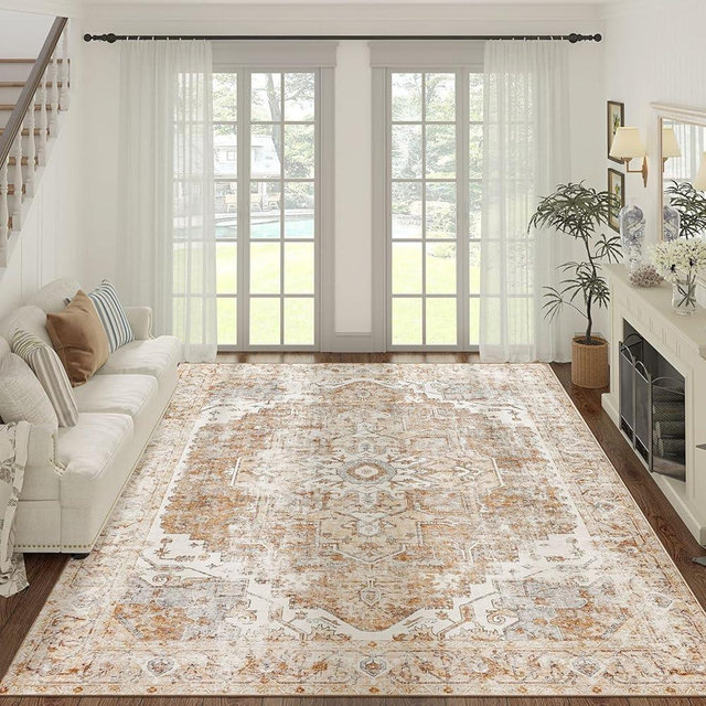 jinchan Living Room Area Rug 10x12 Washable Rug Vintage Indoor Large Floor Cover Distressed Lightweight Non-Slip Low Pile Thin Mat Stain Resistant Carpet for Bedroom Dining Room Office Brick Red