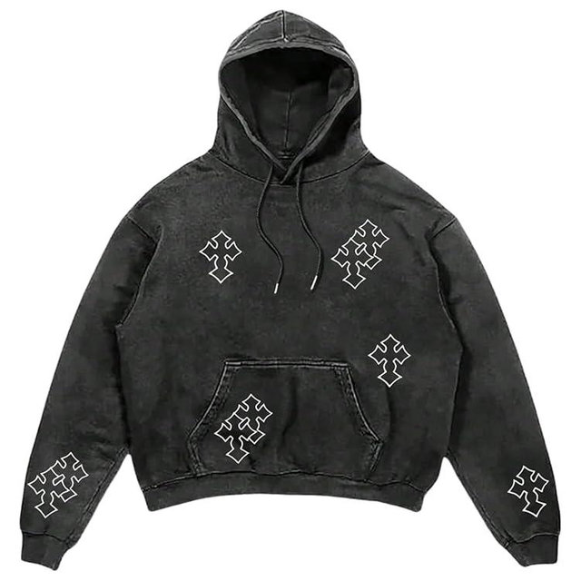 Verdusa Men's Washed Graphic Hoodies Cross Print Lightweight Pullover Sweatshirt Hip Hop Streetwear