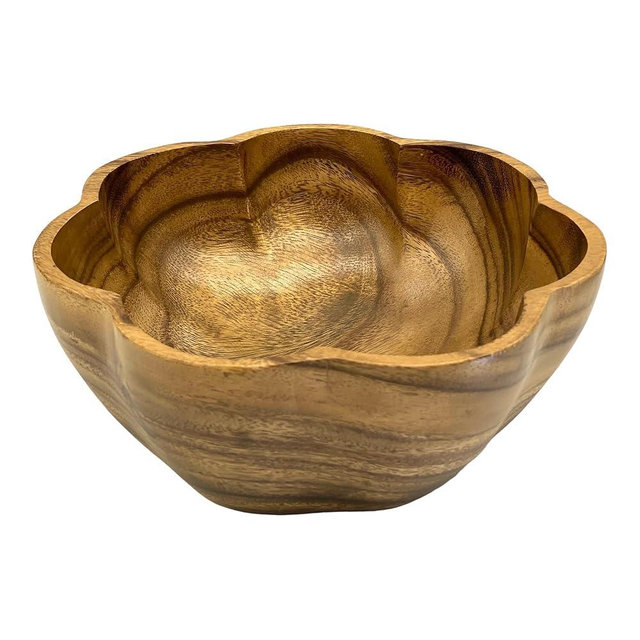 WRIGHTMART Round Wooden Serving Bowl, 10" Circular Scalloped Shape, Hand Carved Acacia Wood Bowl for Food, Salad, Fruit, Popcorn, Decorative Display, for the Dining Table and Kitchen.