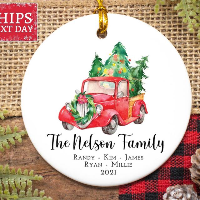 Family Christmas Ornament Personalized with Name - Custom Family Keepsake 2021 - Christmas Gift Idea for Family - Vintage Red Truck Ornament