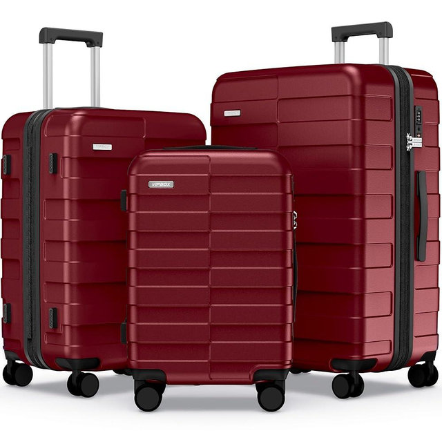 Vipbox Luggage Sets 3 Piece (3-YEARS VIP SERVICE) Hardside Expandable Ultra Durable Polycarbonate Lightweight Carry On Travel Suitcase with TSA Lock Spinner Wheels, Wine Red