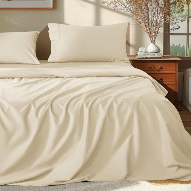 Shilucheng 100% Egyptian Cotton King Size Sheets Set - 1000 Thread Count，Luxury Cotton Bed Sheets，Breathable & Cooling Bedding and Pillow Cases, 16 Inch Deep Pocket - 4 Piece (Beige, King)