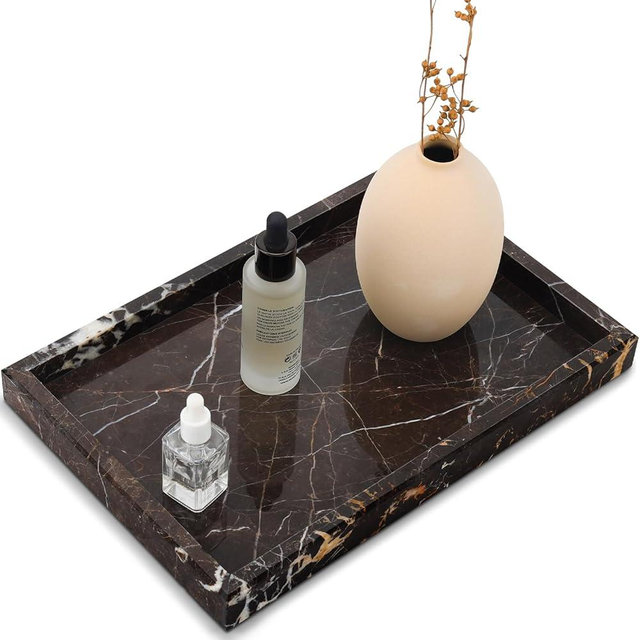 Zilukar Real Natural Marble Tray for Bathroom, Vanity, Kitchen and Desktop, Rectangle Genuine Marble Stone Tray for Jewelry, Cosmetics, Candles, Lotion, Perfume and Home Decor Brown