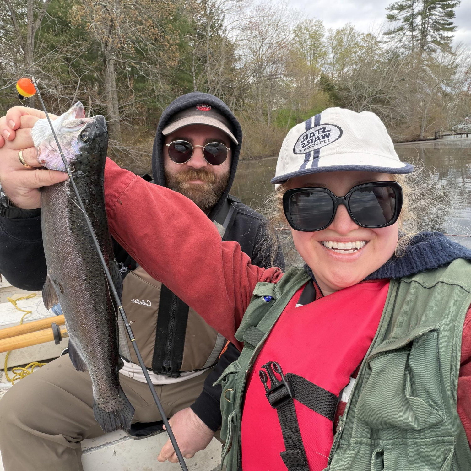We're the perfect team; he ties on the hook, baits the hook, I catch it, and then he gets it off the hook, puts it on the stringer, and we start all over.