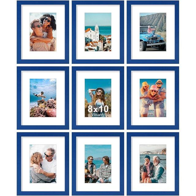 Vittanly 8x10 Picture Frame Set of 9 - Display 5x7 Photos with Mat or 8x10 Without Mat, Wall Mount & Tabletop Frames for Home Decor, Horizontal or Vertical (Blue)