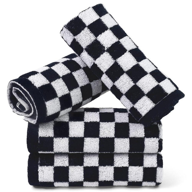 Jacquotha Wash Cloths Checkered 4 Pack (Black and White) - Cotton Washcloths for Face Body, 13 x 13 Inches Daily Cleansing Kitchen Towels