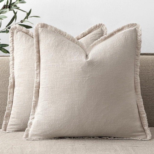 ANRODUO Set of 2 Decorative Throw Pillow Covers 26×26 Inch Soft Linen Fringe Farmhouse Boho Vintage Cushion Covers with Tassels Accent Pillowcase for Couch Sofa Bed Living Room Decor Natural Beige