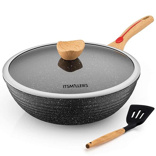Chinese Wok Die-Casting Nonstick Wok Scratch Resistant with Lid and Spatula, PFOA-Free,Dishwasher Safe & Induction Bottom 12.5 Inch,6L