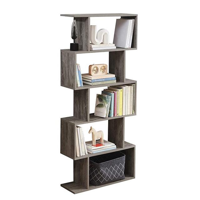 Sunon 5-Tier Bookshelf Free Standing Wood Bookcase, S-Shaped 5 Shelves Book Case for Home Office (Grey)