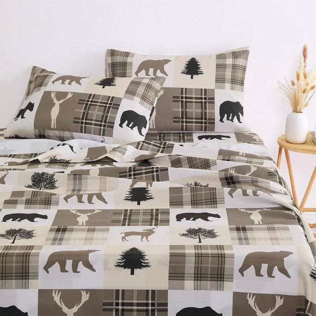 Wake In Cloud - Rustic Bed Sheets, 4-Piece Sheet Set, Cabin Christmas Lodge Western Country Bear Deer Holiday RV Outdoor Theme Bedding, Deep Pocket, Taupe, King Size