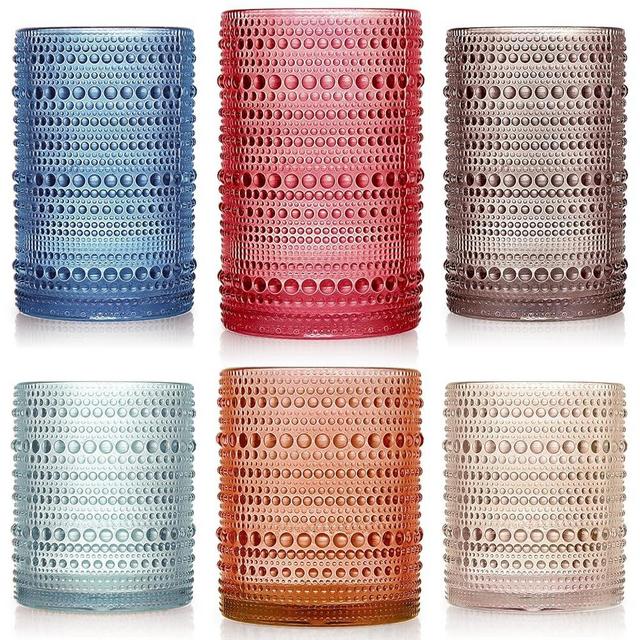 Foaincore 6 Count Hobnail Drinking Glasses Set Vintage Glassware Old Fashioned Beverage Glasses Bubble Cocktail 14 oz, Rocks Glass Cup 11 oz Water Elegant (Morandi Colors)
