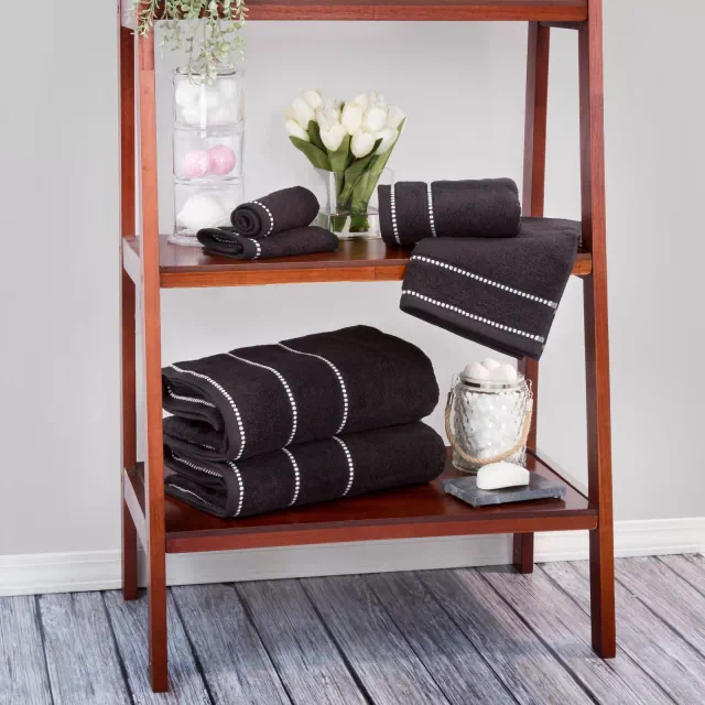 Hastings Home 6-Piece Luxury Cotton Towel Set with 2 Bath Towels - Quick Dry, Zero Twist, Black/White