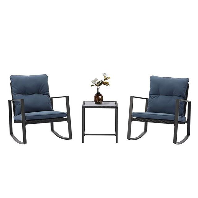 HOMPUS 3-Piece Rocking Chairs Bistro Set Outdoor Wicker Patio Furniture Sets w Blue Cushions, 2 Chairs with Glass Coffee Table