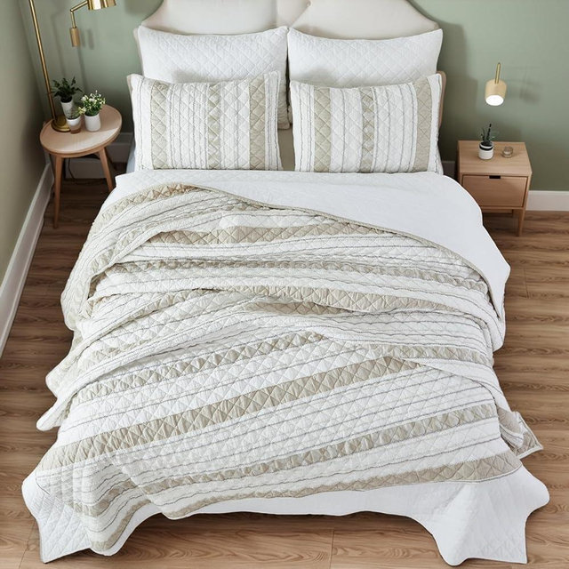 Brandream King Size Quilt Set Cotton Elegant Striped Waffle Quilts Luxury Quilted Comforter Set 3-Piece