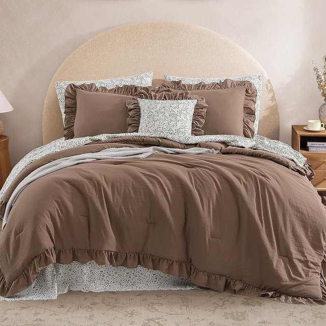 BLOOMHAVEN Oversized Queen Comforter Set - 7 Pieces Ruffle Amber Brown Bedding Sets, Shabby Chic Farmhouse Bed in a Bag with Ruffle Comforter, Floral Sheets, Pillowcases & Shams